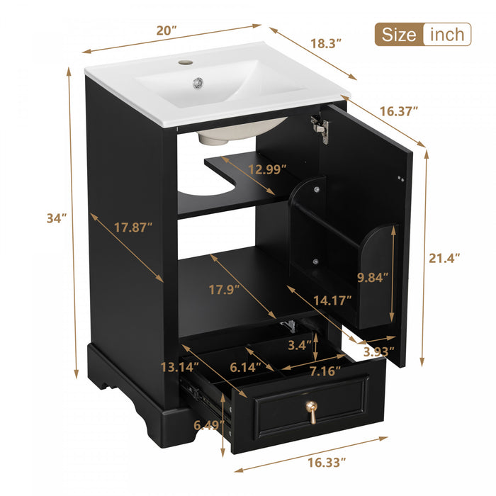 Harper 20 Inch Compact Modern Bathroom Vanity with Ceramic Sink, Black