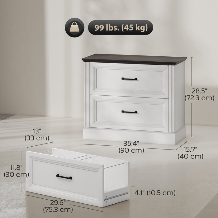 HOMCOM Lateral File Cabinet with 2 Drawers, Farmhouse Filing Cabinet, White