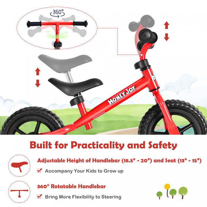Honeyjoy Kids Balance Bike No Pedal Training Bicycle W/ Adjustable Handlebar & Seat Red