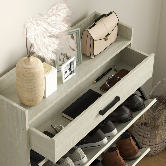 HOMCOM Narrow Shoe Cabinet with 2 Flip Doors and Top Drawer, White