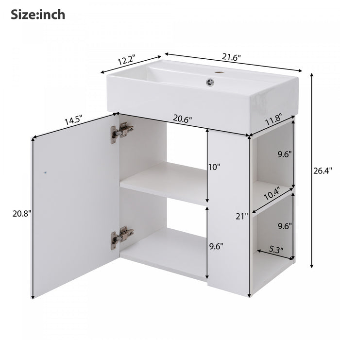 Rachel 21.6\" Floating Bathroom Vanity With Ceramic Basin, Soft-close Door, And Right Side Storage
