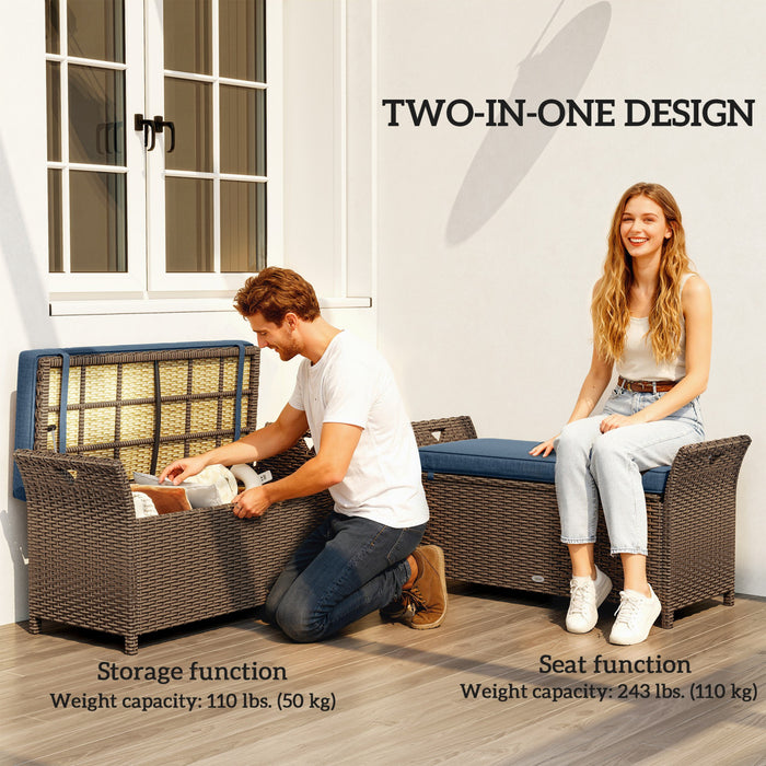 Outsunny 2-In-1 Patio Wicker Storage Bench 29 Gallon Storage Box Navy Blue
