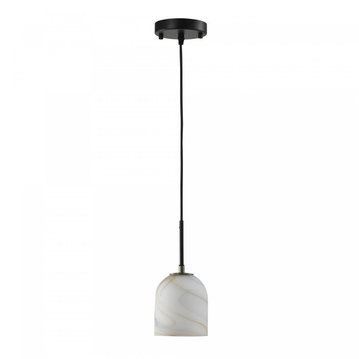 Crema 1 Light Pendant, Black, Brushed Brass With Alabaster Style Glass