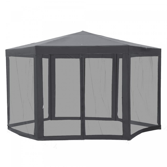Outsunny Φ13' Hexagon Party Tent Patio Gazebo Outdoor Activity Event Canopy Quick Sun Shelter Pavilion With Netting Mesh Sidewall Dark Grey