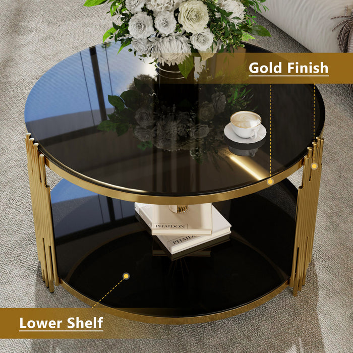 Nancy 31.5\" Round Mirror Coffee Table With Lower Shelf, Black