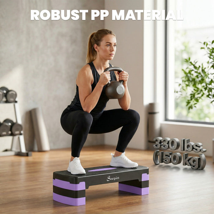 Soozier Aerobic Exercise Step Platform, 4\"/6\"/8\" Height Adjustable Aerobic Stepper with Risers, Workout Stepper for Home Gym, Men, Women, Cardio Fitness, Strength Training, Purple