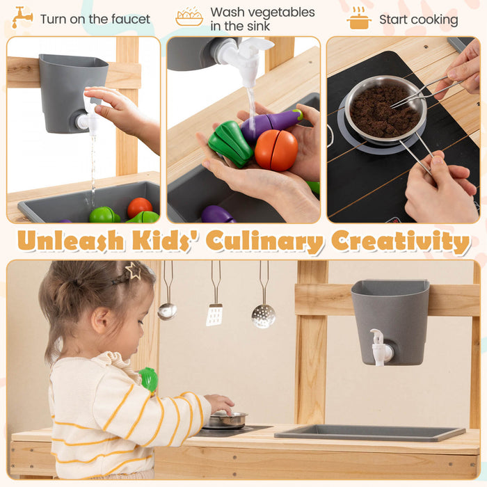 Costway 3-piece Outdoor Wooden Kitchen Playset Kids Mud Kitchen Bbq Grill & Pizza Oven