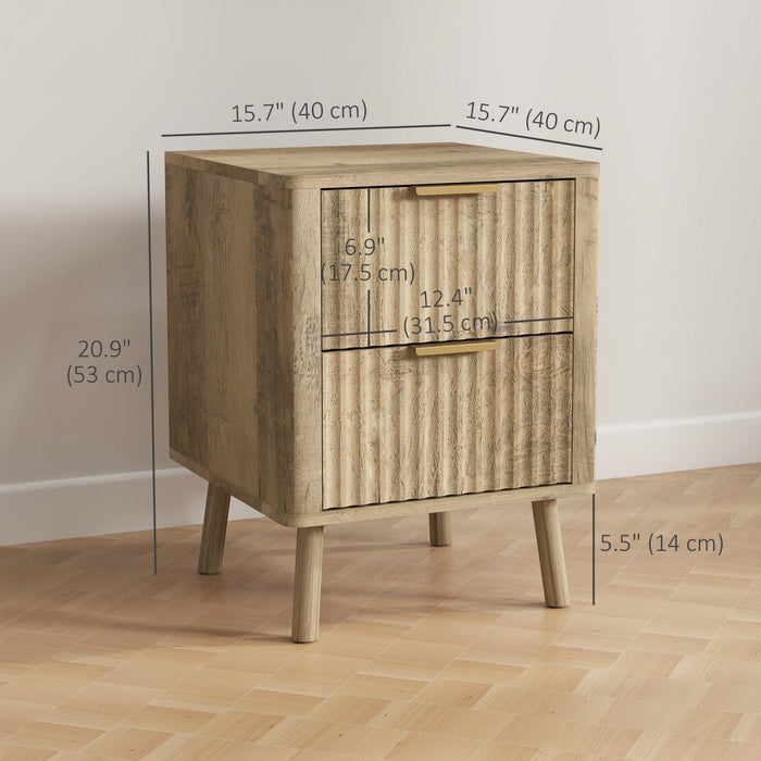 HOMCOM Nightstands Set of 2, Bedside Tables with Fluted Drawers, Oak