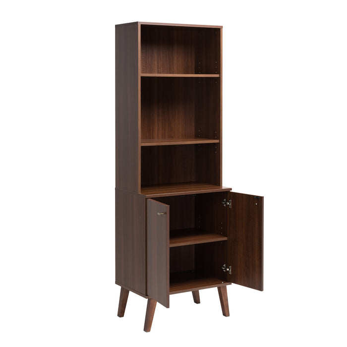 Milo Mid-Century Modern Tall Bookcase with Adjustable Shelves, 2 Doors & Brushed Brass-Finished Knobs - Cherry