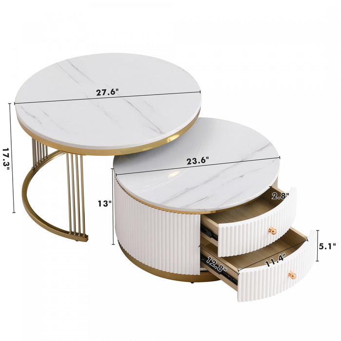 Thomas 27.6\" Modern Round Coffee Table With 2 Storage Drawers, White
