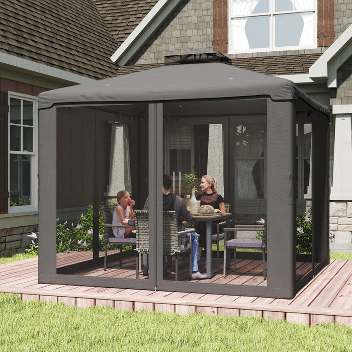 9.6'x9.6' Outdoor Patio Gazebo Pavilion Canopy Tent with Netting, Dark Grey