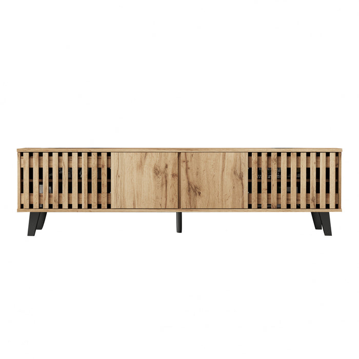 Zara 65 Inch Mid-Century TV Stand with Fluted Doors and Adjustable Shelves, Natural
