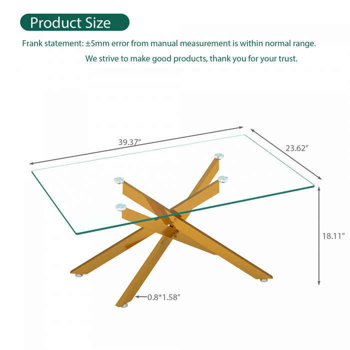 Olivia 39.37\" Rectangular Glass Coffee Table with Stylish Metal Legs,Gold