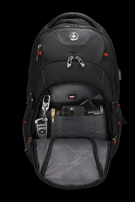 Swissdigital Meilen School Backpack – 17\" Laptop Bag, USB Charging, SDD Finder, RFID Protection, Add-A-Bag System, Travel-Ready