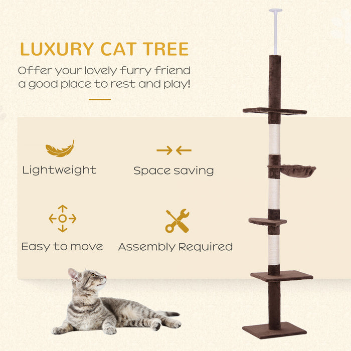 Pawhut 8.5ft Cat Climbing Tree 5-tier Kitty Activity Center Floor-to-ceiling Cat Climber Toy With Scratching Post Play Rest Post Pet Furniture Brown