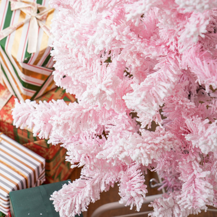 Homcom Snow Flocked Pencil Artificial Christmas Tree With Steel Base Pink