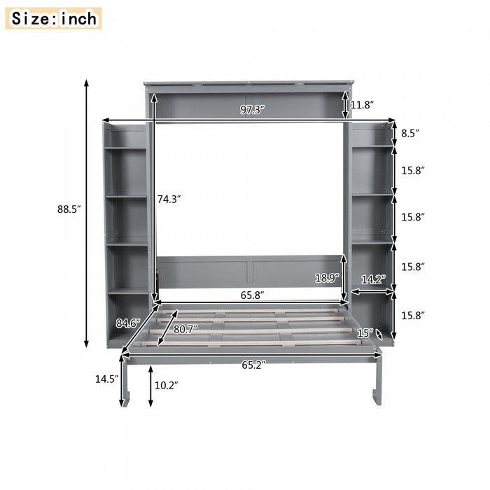 Glenn Engineered Wood Murphy Bed With Shelves And Led Lighting, Queen Size, Grey
