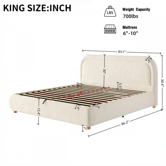 Sophia Space-Saving Hydraulic Lift Storage Platform Bed with Boucle Upholstery,King Size,Beige King Bed
