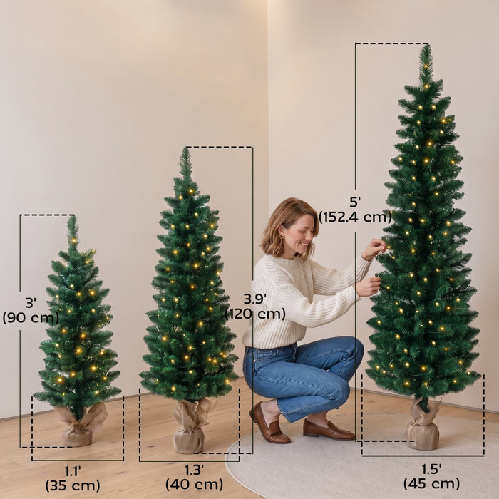 HOMCOM Artificial Pencil Christmas Tree Set of 3, PVC Tips, 3/4/5 ft, Green