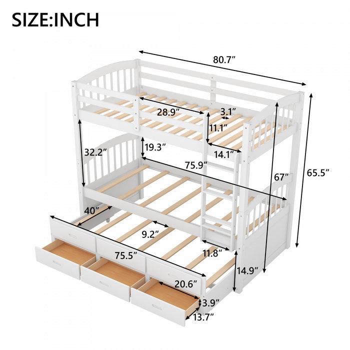 Sean Solid Wood Convertible Design Bunk Bed With Trundle And Drawers, Twin Size, White