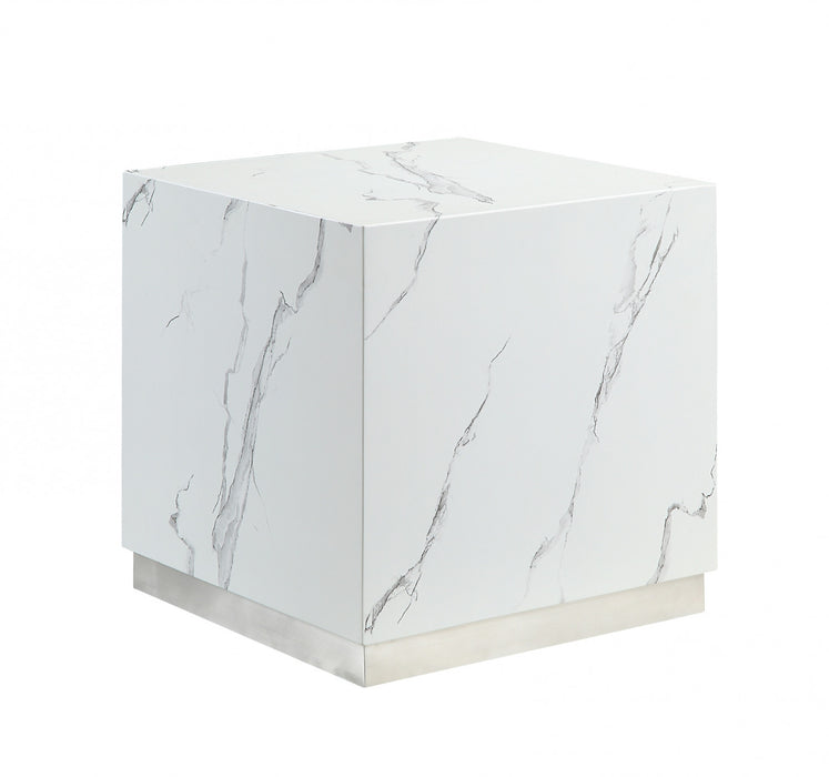 Aphrodite End Table, White Faux Marble & Silver
