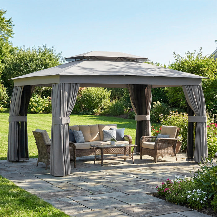 Outsunny 10'x12.5' Patio Outdoor Gazebo with Curtains, Netting, Double Roof