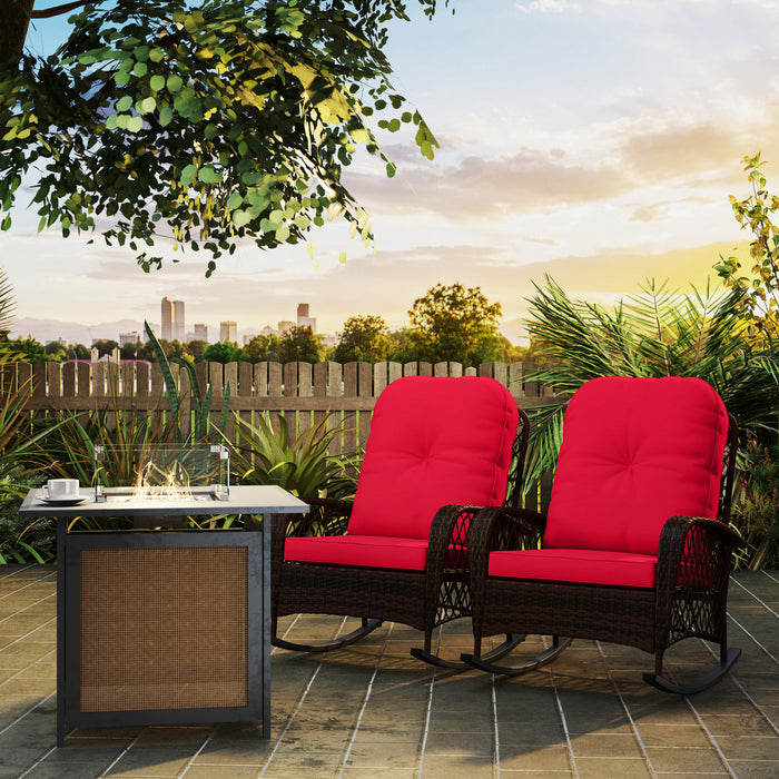 Outsunny 2 Pcs Rattan Rocking Chair With Soft Cushion For Garden, Red
