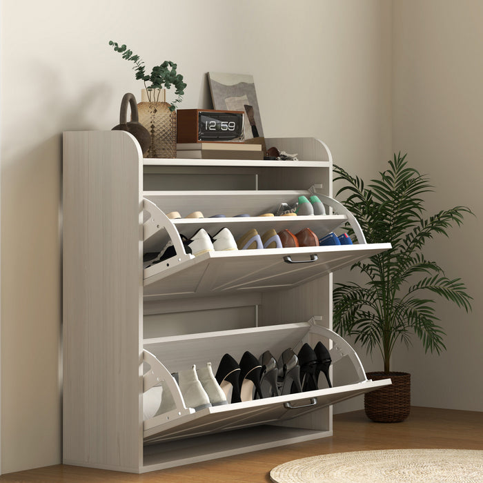 HOMCOM Narrow Shoe Cabinet 2 Flip Drawer Shoe Storage Cabinet, White Oak
