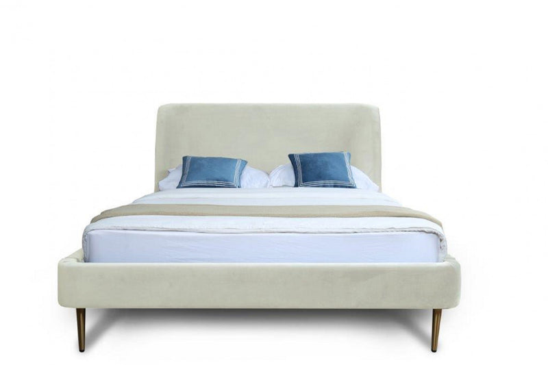 Heather Mid-Century Modern Velvet Upholstered Queen Bed in Cream and Gold