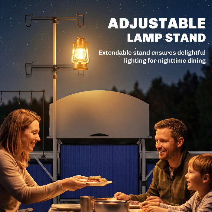 Outsunny Folding Camping Kitchen Table with Storage, Aluminum Portable Camping Table with 3 Fabric Cupboards, Windshield, Light Stand, Carrying Bag for BBQ, RV, Picnic, Blue