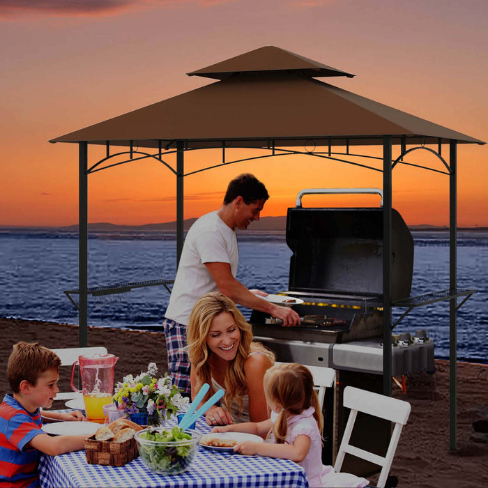 Costway 8' X 5' Grill Gazebo With 2 Shelves 7 Hooks Metal Frame Soft Top Brown