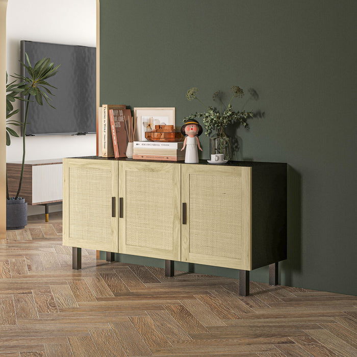HOMCOM Boho Sideboard, Coffee Bar Cabinet with Rattan Doors, Black