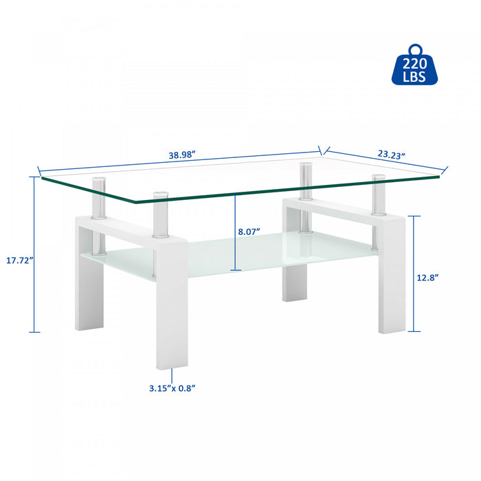 Liam Modern Rectangle Clear Tempered Glass Coffee Table,White