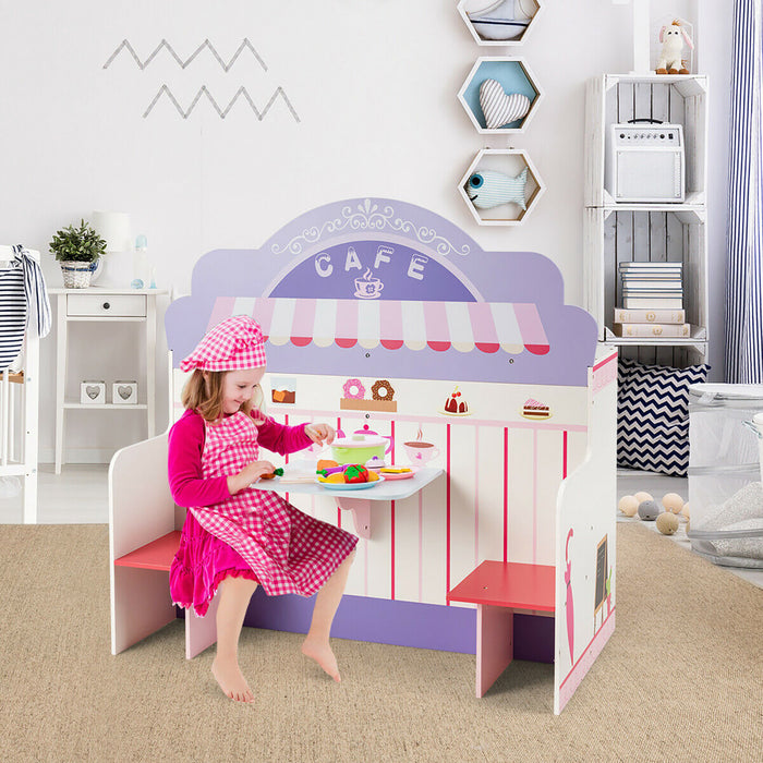 Costway 2 In 1 Kids Play Kitchen & Cafe Restaurant Wooden Pretend Cooking Playset Toy