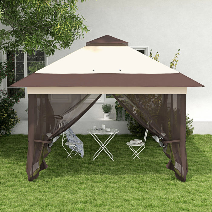 Outsunny 12' X 12' Foldable Pop-up Party Tent Instant Canopy Sun Shade Gazebo Shelter Steel Frame Oxford W/ Roller Bag, Khaki And Brown