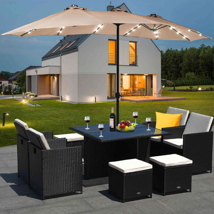 Costway 15Ft Patio Double-Sided Solar LED Market Umbrella Crank Base Beige
