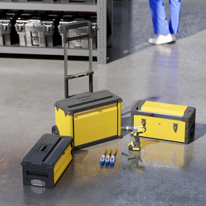 Homcom 3-in-1 Tool Box Storage System, Stackable Steel Toolbox, Yellow