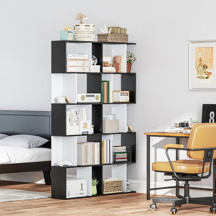 HOMCOM Geometric Bookcase, 5-Tier S Shaped Bookshelf, Black and White
