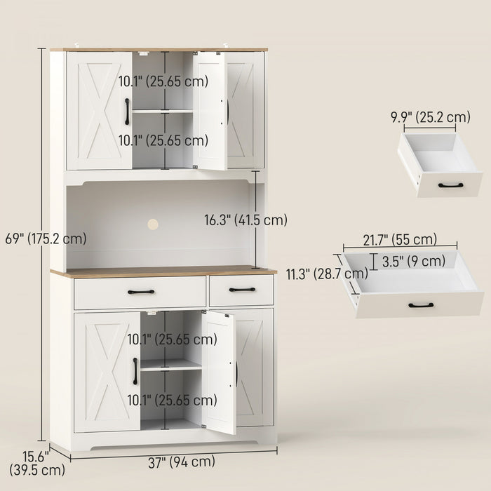 HOMCOM Kitchen Pantry, 6 Doors, 2 Drawers, Rustic Kitchen Cabinet White