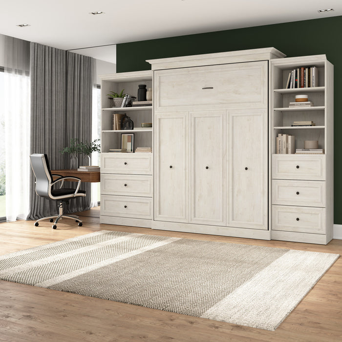 Bestar Versatile Queen Murphy Bed and Closet Organizers with Drawers (126 W) - Linen White Oak
