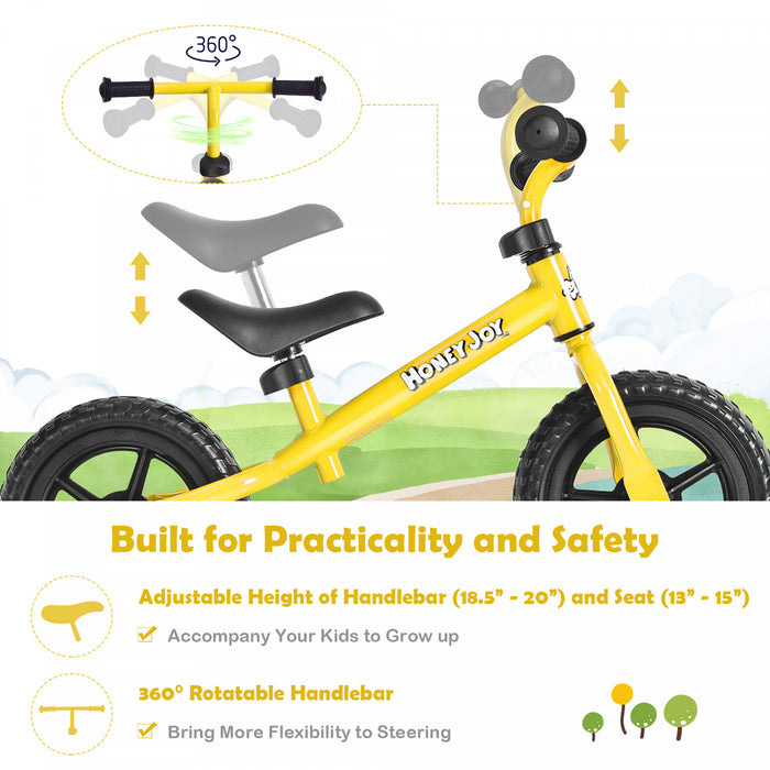 Honeyjoy Kids Balance Bike No Pedal Training Bicycle W/adjustable Handlebar & Seat Yellow