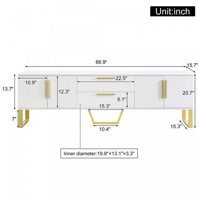 Steven 66.9\" Floor-standing Design TV Cabinet with and Gold Handles&Legs,White Tv Stand