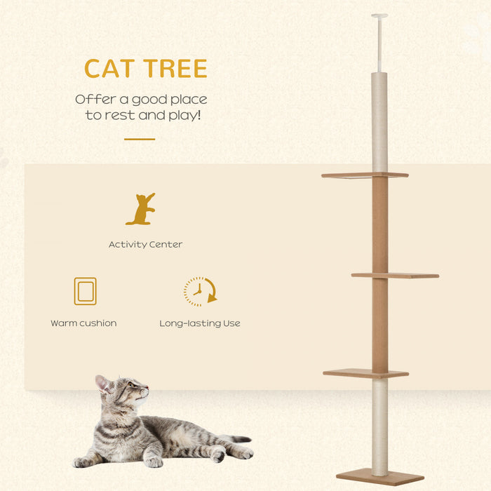 Pawhut 100\" Floor To Ceiling Cat Tree W/ 3 Perches Activity Center For Kittens Cat Tower Furniture, Brown