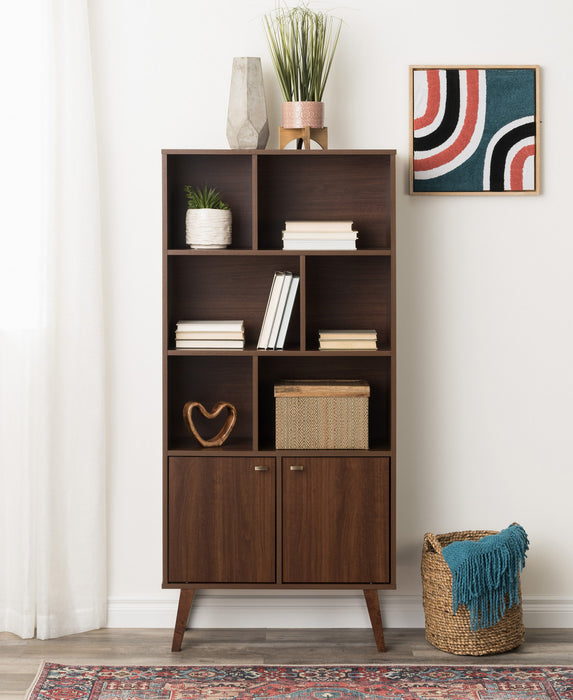 Milo Mid-Century Modern Bookcase with 6 Shelves, 2 Doors & Brushed Brass-Finished Knobs - Cherry
