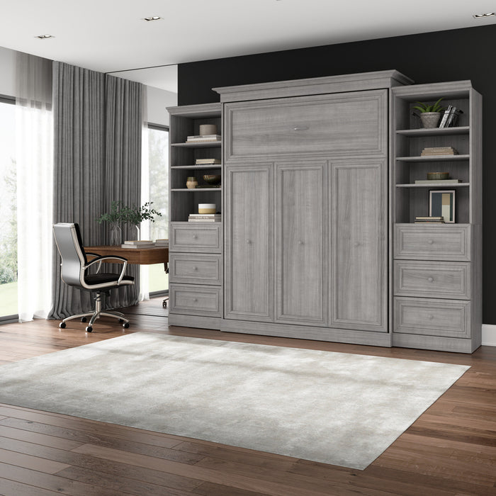 Bestar Versatile Queen Murphy Bed and Two Closet Organizers with Drawers (115 W) - Platinum Grey
