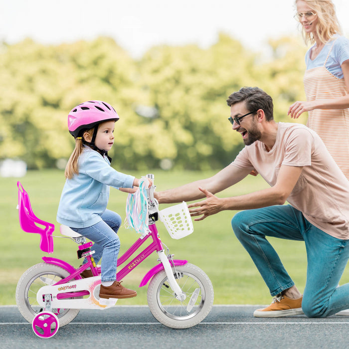 Costway 12 Inch Kids Bike With Training Wheels Doll Seat Basket Streamers Hand Brake Pink