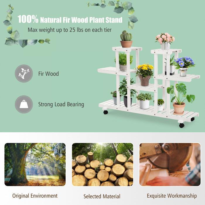 Costway 4-tier Rolling Flower Rack Wood Plant Stand Casters 12 Pots Bonsai Display Shelf