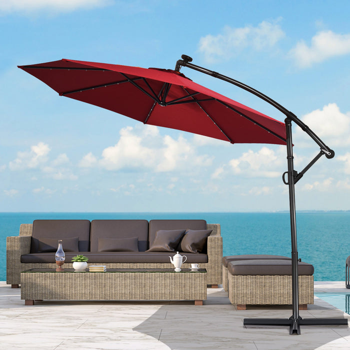 Costway 10FT Patio Offset Umbrella Solar LED 360degrees Rotation Burgundy