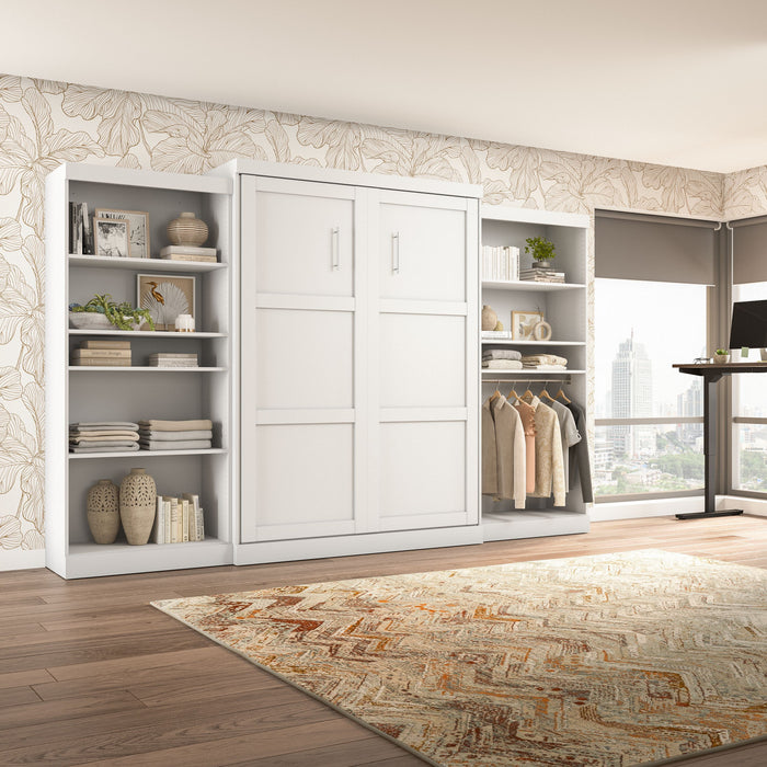Bestar Pur Queen Murphy Bed with Two Shelving Units 136-Inch Wall Bed - White