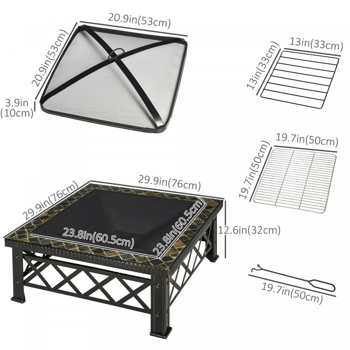 Outsunny 30\" Outdoor Steel Square Firepit Square Stove With Spark Screen Cover, Log Grate, Poker, Grill Net For Patio